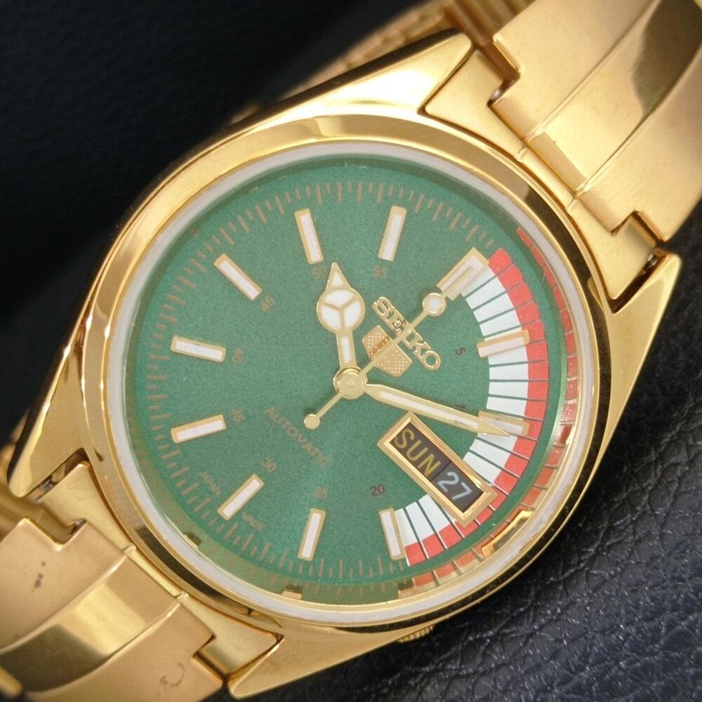 Vintage 1973 Seiko Automatic Mens Gold Watch W/daydate & Green accents